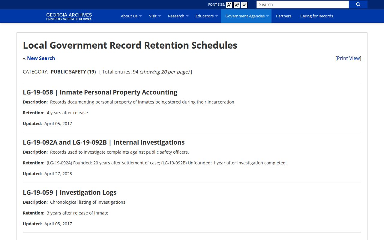 Georgia Archives local public-safety retention schedule for Jenkins County jail records