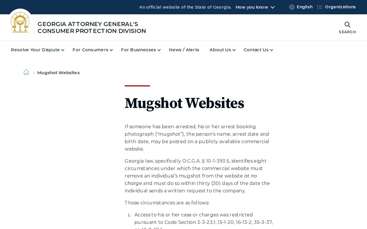 Georgia consumer guidance about commercial mugshot website removal