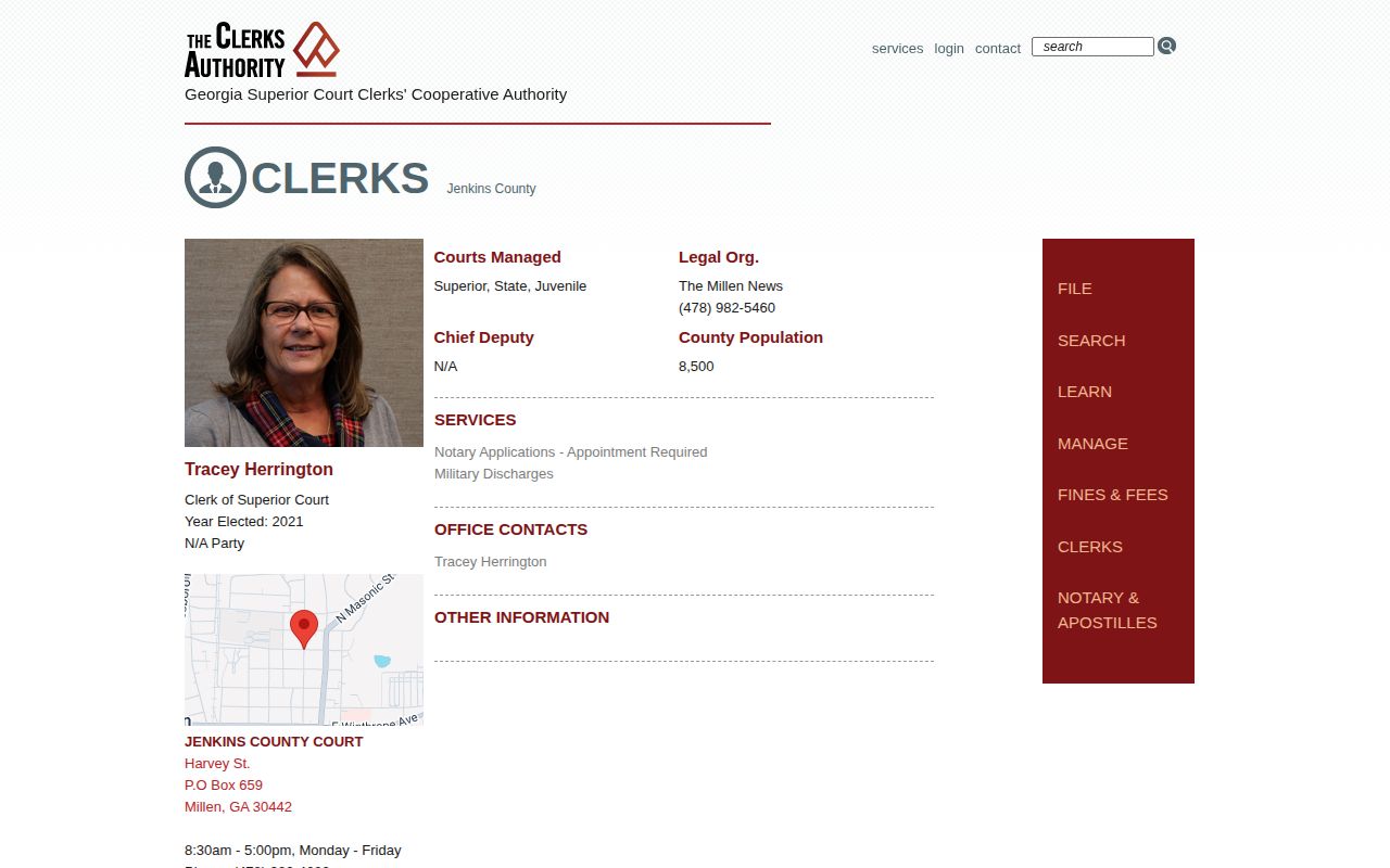 Jenkins County clerk directory and court record routing page